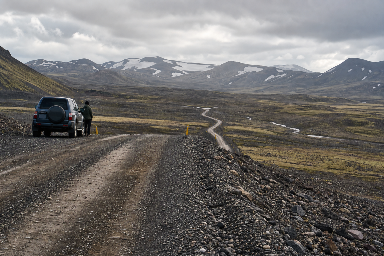 A 4x4 stopped on an Icelandic highland gravel road while checking conditions